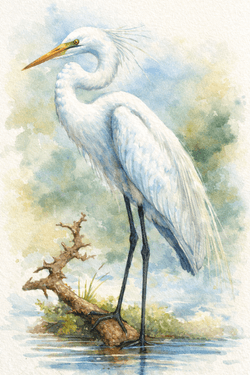 WATERCOLOR Elegant Egret with Jade Scarlett