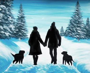 A Couple Walking The Dog in the Winter Snow - Paint and sip event at Pita Jungle Ahwatukee in PHOENIX, AZ - PaintNite.com