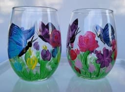 Stemless Wine Glass painting, "Butterfly Spring" (2 glasses) thumbnail