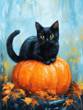 Friday Black Little Kitty on a Fall Pumpkin — Painting