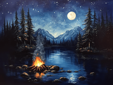 Moonlight Bonfire by The Mountains - Paint and sip event at Shamshiri Caveman in Vancouver, BC - PaintNite.com