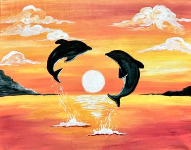 Dolphins in Love at Sunset — Painting