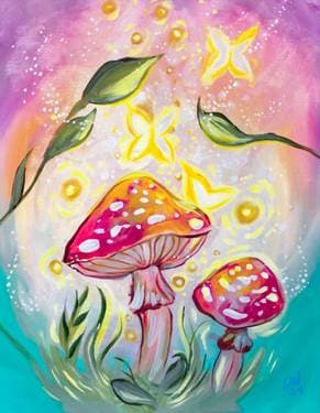 Glowing Sunrise Among the Mushrooms and Butterfly - Paint and sip event at Brewsters Meadowlark in Edmonton, AB - PaintNite.com