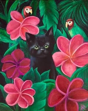 Cat with Tropical Birds - Paint Nite event in Buena Park, CA