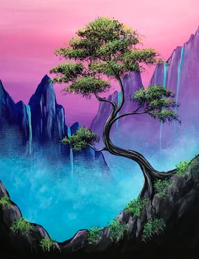 Misty Mountain Bonsai Falls — Painting