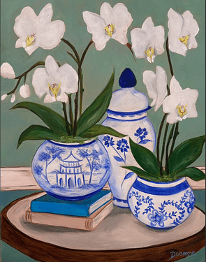 Orchids in Blue & White Chinoiserie — Painting