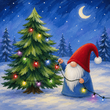 Gnome Stringing Christmas Lights - Paint Nite event in Napa, CA