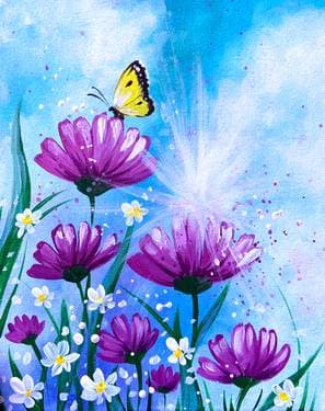 Butterfly in Purple Flowers - Paint and sip event at Kelsey's Original Roadhouse in Brampton, ON - PaintNite.com