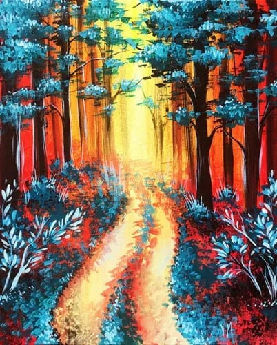 Fall forest in red and teal