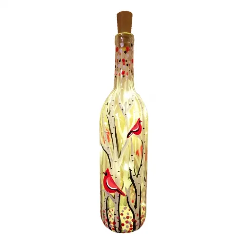 Whimsical Cardinals Wine Bottle w/ Fairy Lights