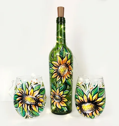 CHOOSE Sunflowers Wine Bottle With Fairy Lights OR Wine Glasses