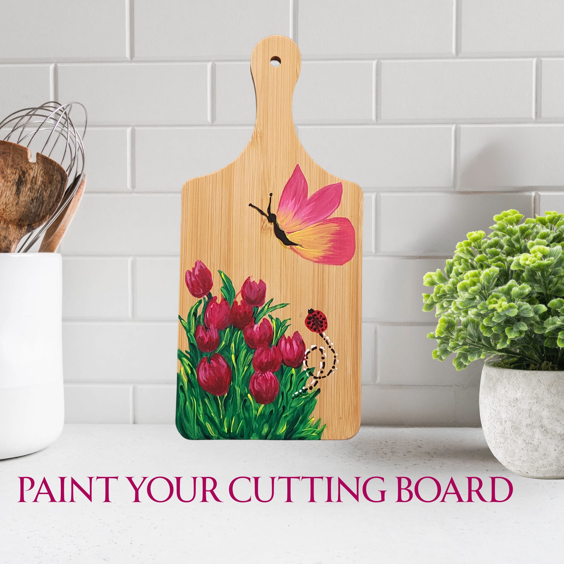 Cutting Board Painting, "Tulips with Butterfly"