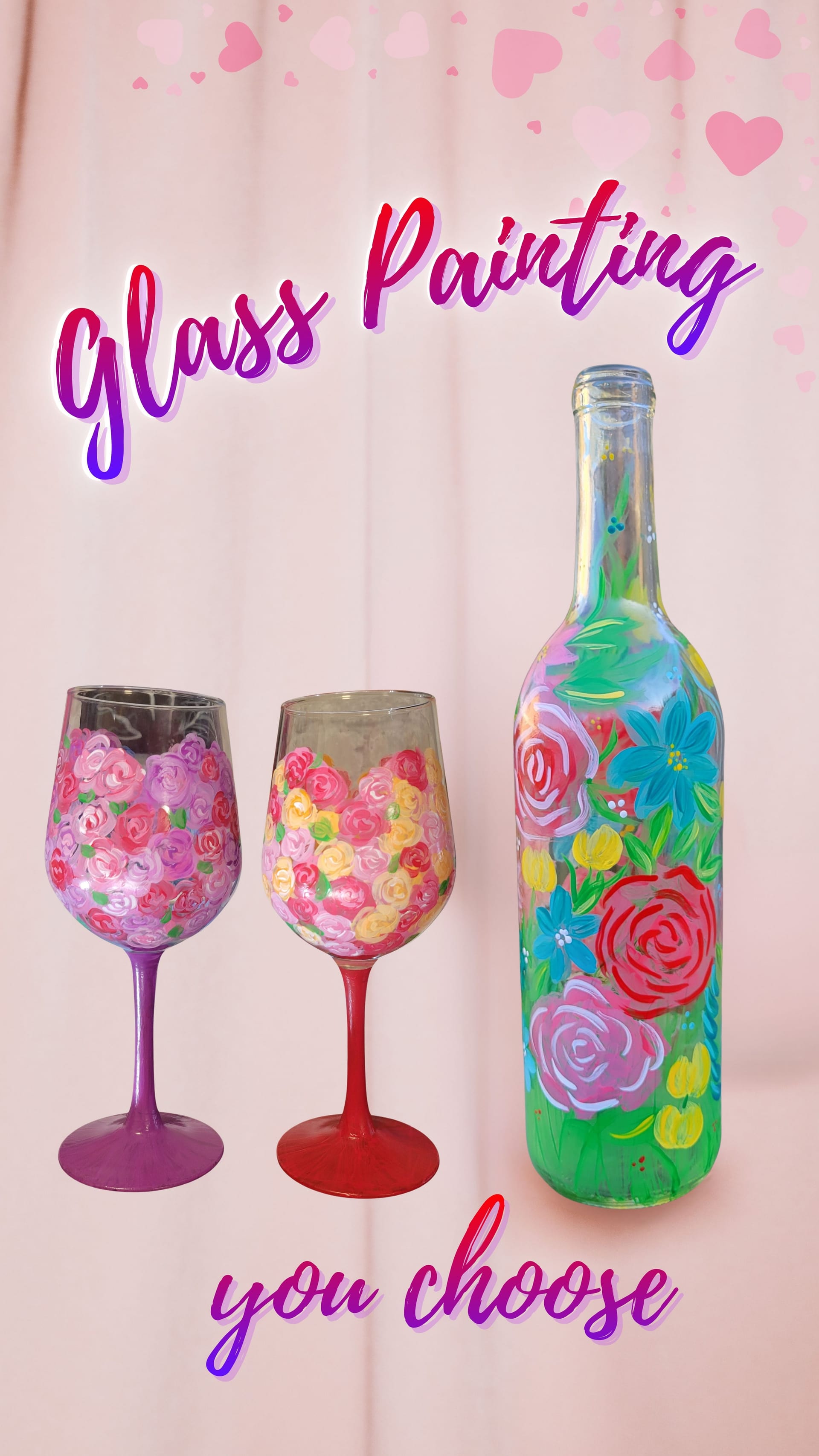 "Roses are Red" Glass Painting, CHOOSE: 2 glasses or bottle
