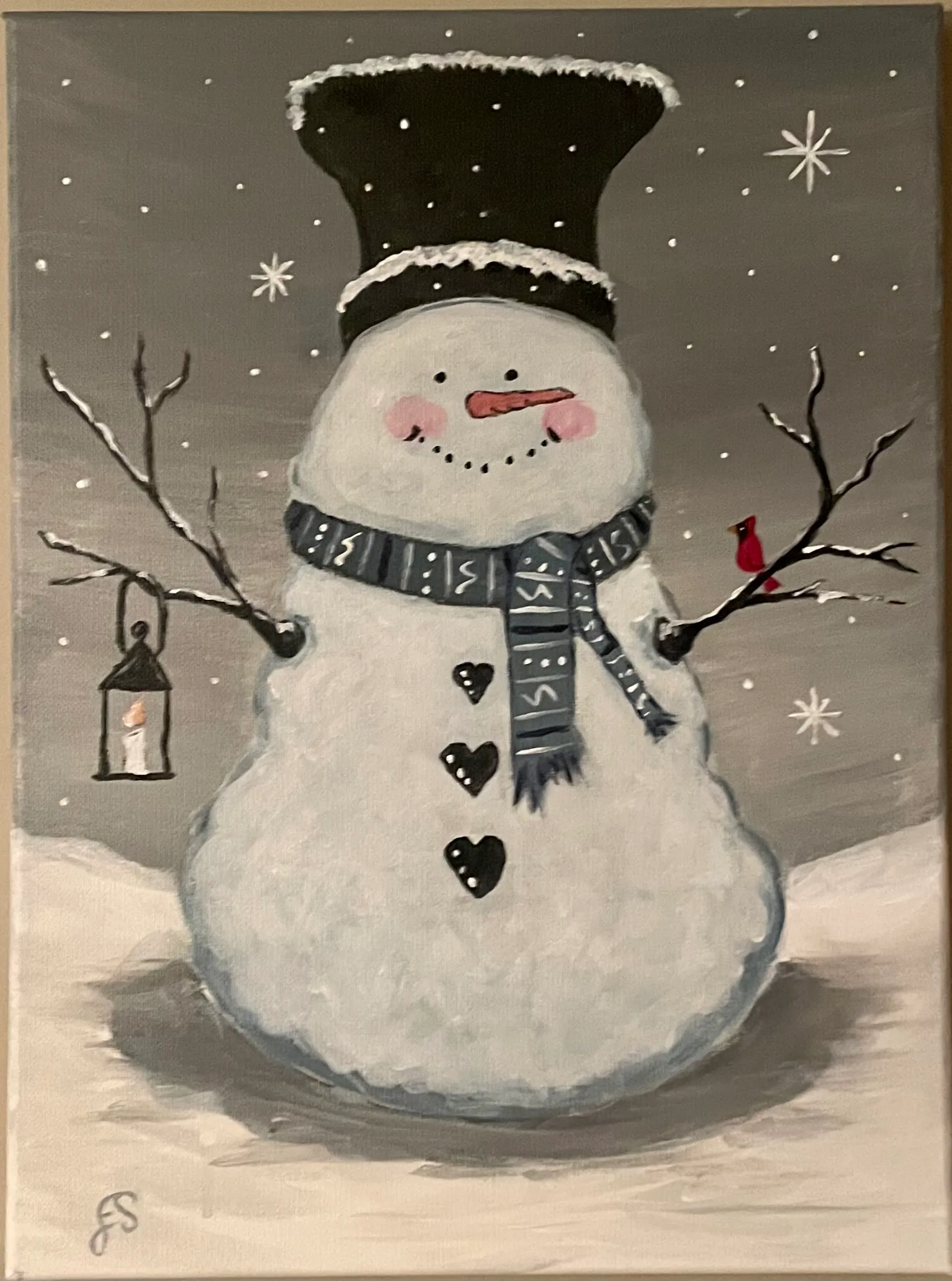 Snowman with Lantern and Cardinal