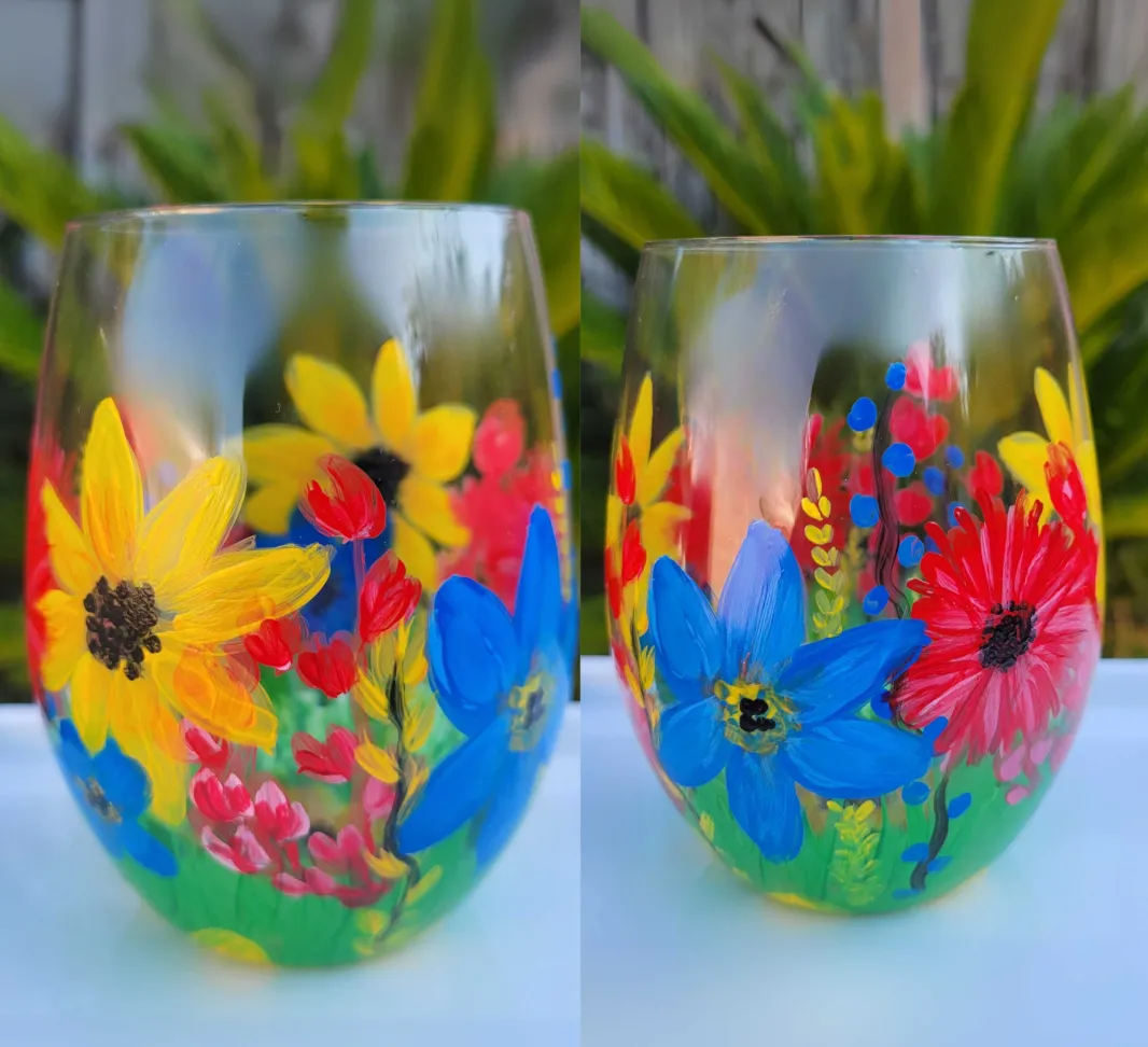 Stemless Wine Glass Painting (2 glasses), "Bright Blooms"