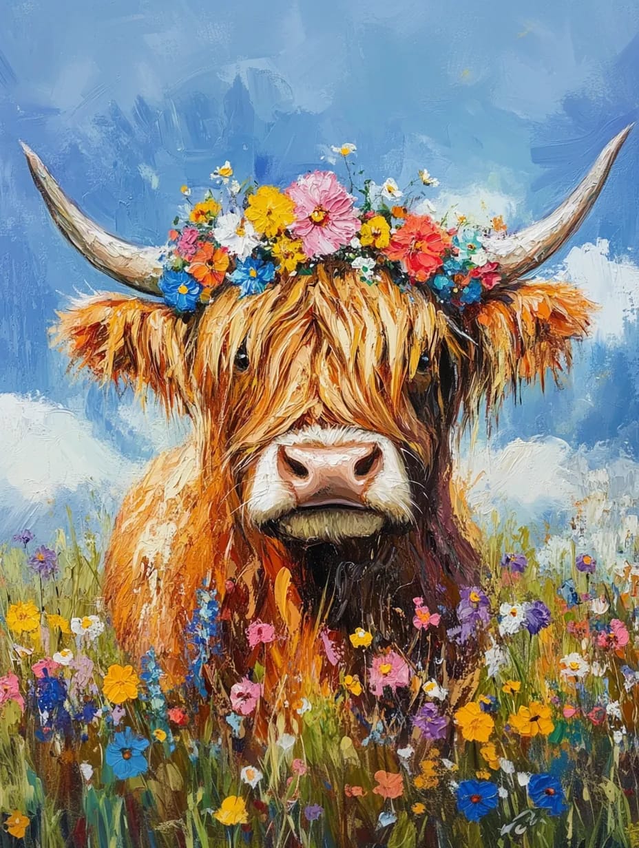 Highland Cow in the Flower Field