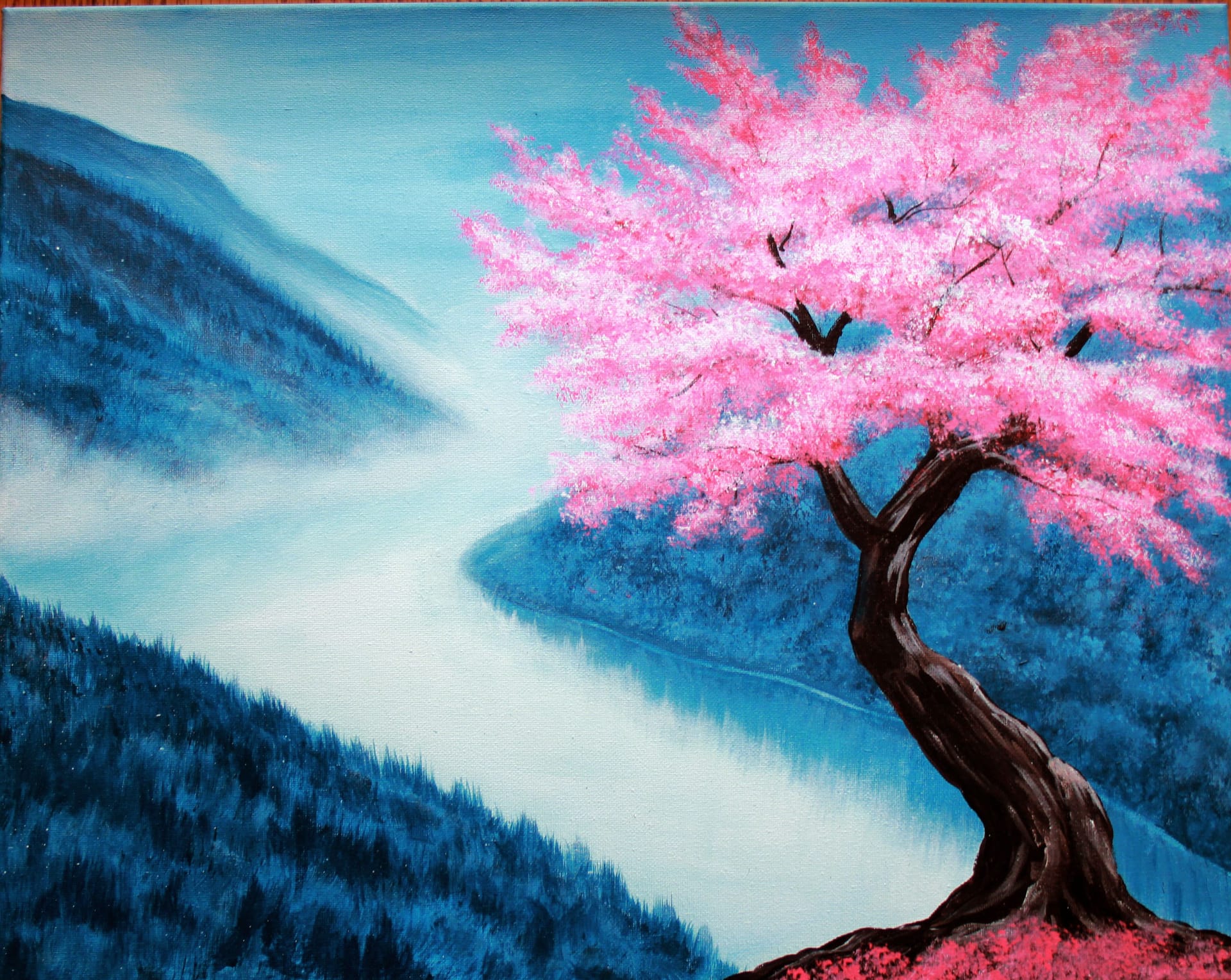 Cherry Blossoms Over The Misty River