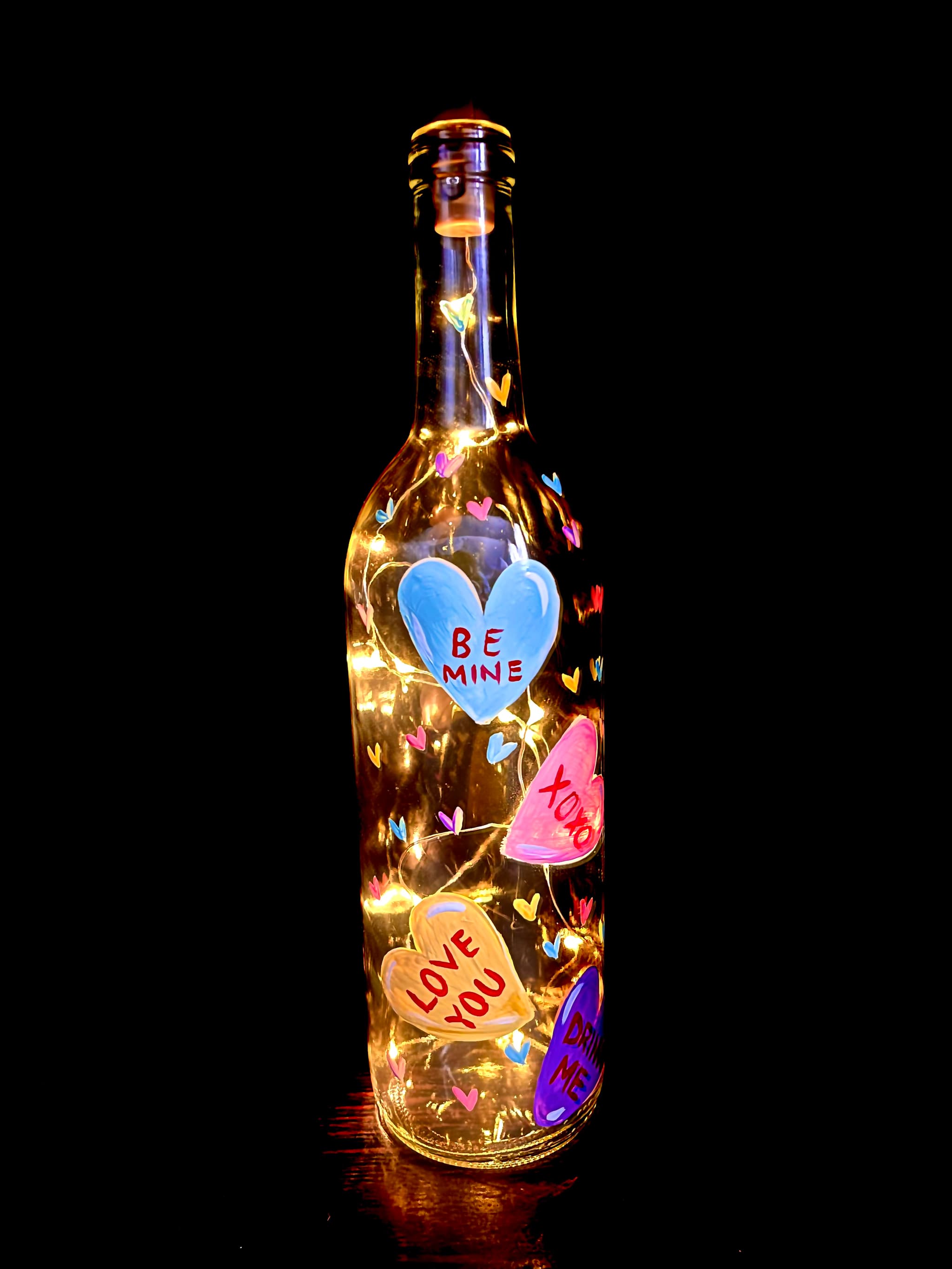 Candy hearts Valentines Day wine bottle with fairy lights - Paint Nite event in Staten Island, NY