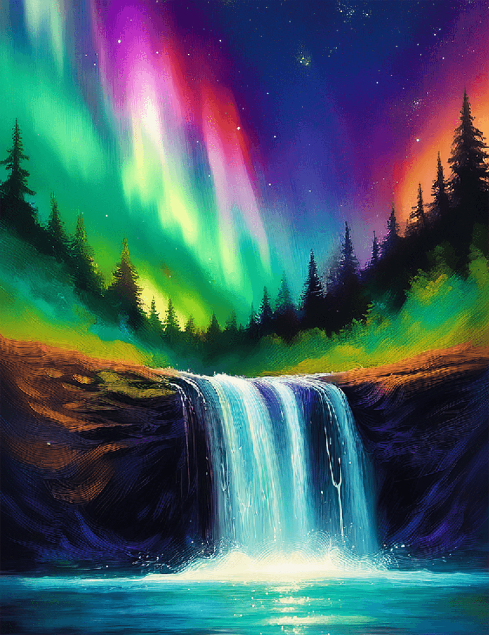 Summer Northern Lights and Waterfall