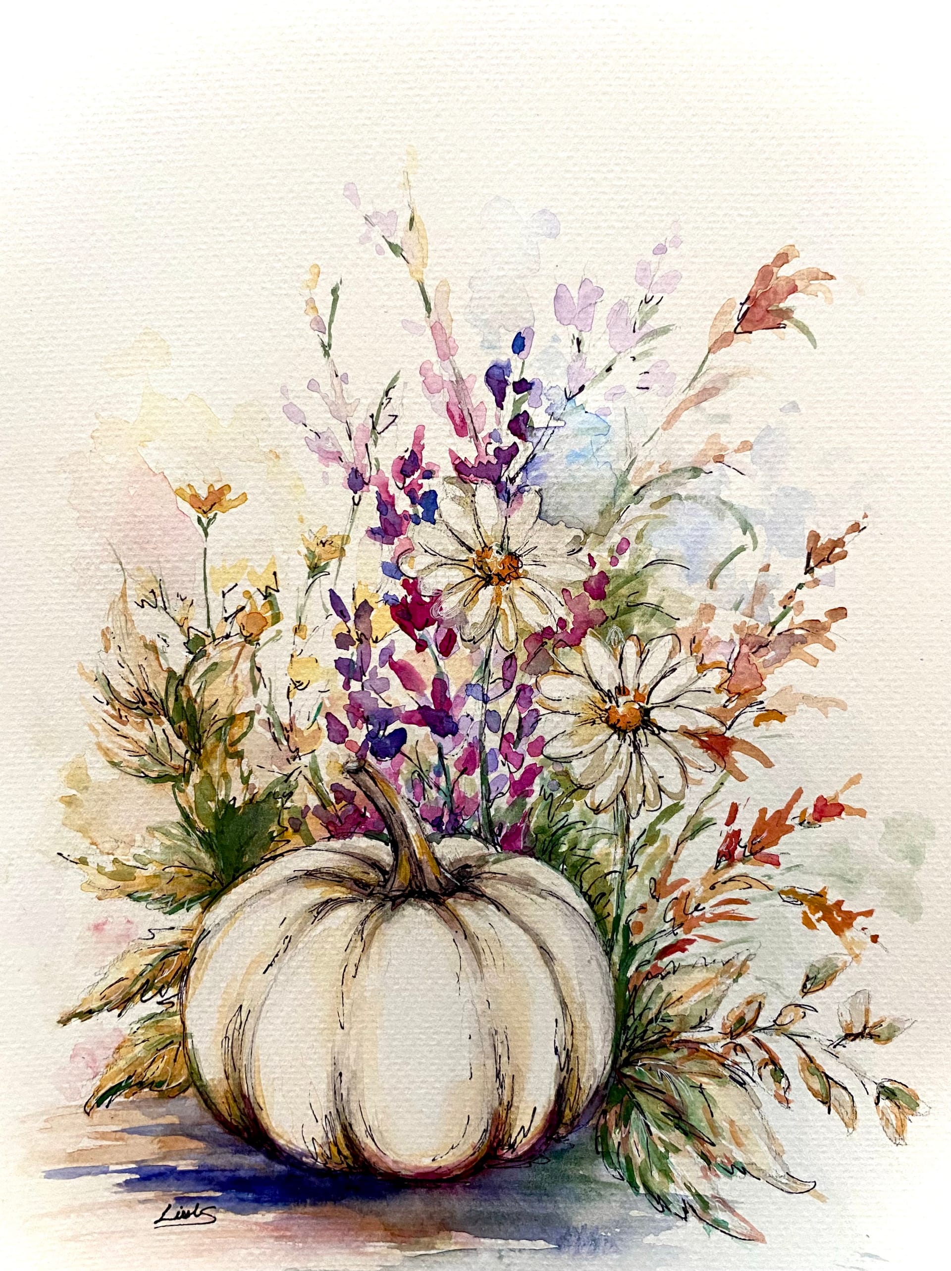 Wildflowers and a White Pumpkin